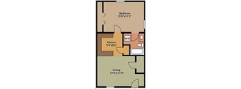 A floor plan of a room with a kitchen, living room, and bedroom.