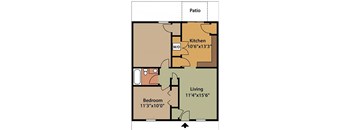 A floor plan of a room with a patio, kitchen, bedroom and living room.