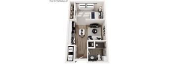 A top down view of a small apartment with a kitchen, living room and bathroom.
