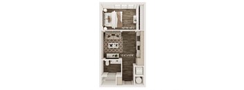 a stylized floor plan with a bedroom and a bathroom