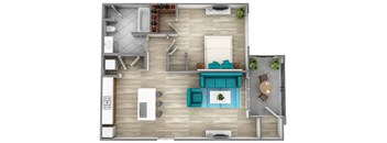 A top-down view of a modern living room with a sofa, coffee table, and kitchen area.