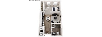 A top down view of a small apartment with a kitchen, living room, and bathroom.