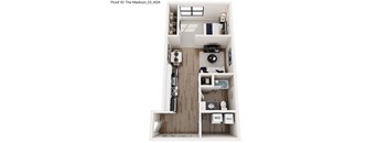 A floor plan of a small apartment with a kitchen, living room, and bathroom.