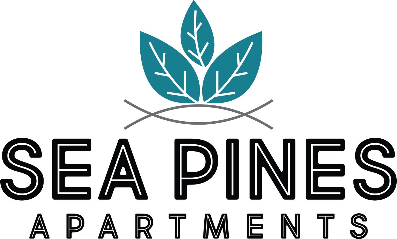 A logo for Sea Pines Apartments featuring a stylized tree branch with leaves.