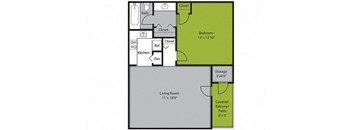 A floor plan of a living space with a bedroom, kitchen, and living room.