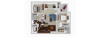 A 3D floor plan of a house with a kitchen, living room, and bedrooms.