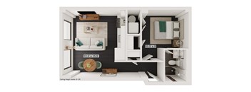 a bedroom with a bed and a chair in a room