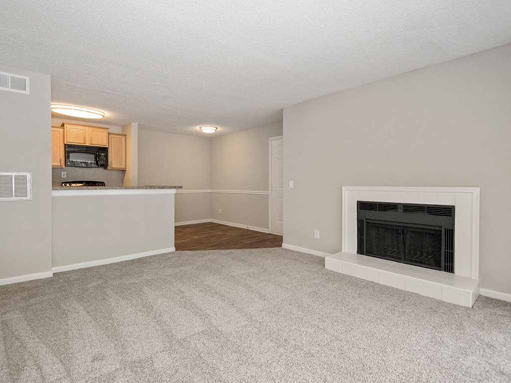 A living room with a fireplace and a carpet.