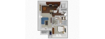 A top-down view of a small apartment with a kitchen, living room, and bathroom.