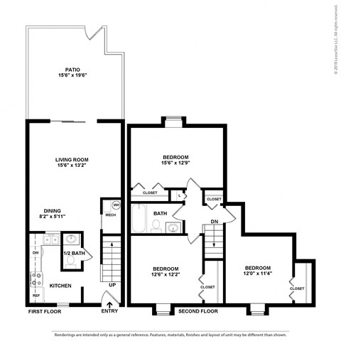 a floor plan of a house with two bedrooms and two bathrooms