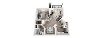 A top-down view of a house layout with a living room, kitchen, and bathroom.