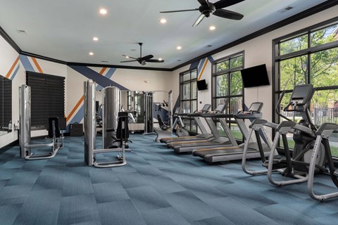 A gym with a variety of equipment including treadmills, weights, and a fan.