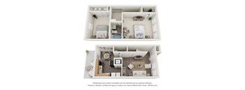 A 3D floor plan of a house with two bedrooms, a living room, a kitchen, and a bathroom.