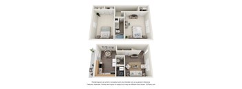 A floor plan of a two-bedroom apartment with a living room and kitchen.