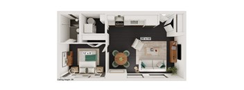 a bedroom with a bed and a chair in a room