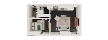 a bedroom with a bed and a chair in a room