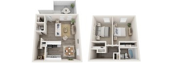 A floor plan of a two-bedroom apartment with a living room, kitchen, and bathroom.