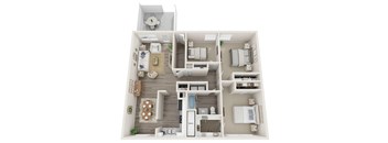 A 3D floor plan of a house with a kitchen, living room, and bathrooms.
