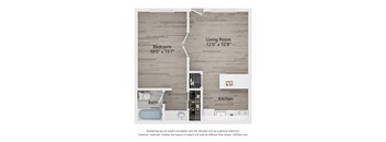 A diagram of a house layout with a living room, bedroom, kitchen, and bathroom.