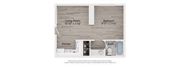 A floor plan shows a living room, bedroom, kitchen, and bathroom layout.
