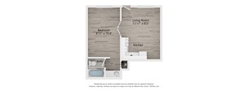 A floor plan of a small apartment with a living room, bedroom, kitchen, and bath.