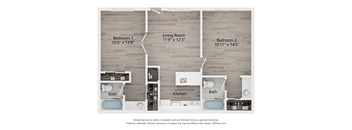 A 3D floor plan of a small apartment with two bedrooms, a living room, a kitchen, and two bathrooms.
