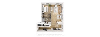 A 3D floor plan of a small apartment with a bedroom, living room, kitchen, and bathroom.