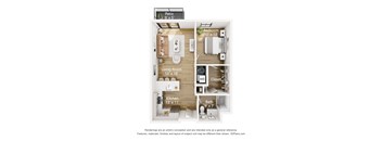 A 3D floor plan of a small apartment with a living room, kitchen, bedroom, bathroom, and patio.