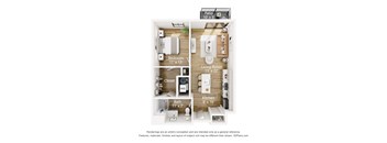 A floor plan of a small apartment with a bedroom, living room, kitchen, bathroom, and closet.