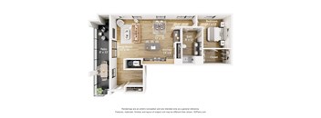 A 3D floor plan of a small apartment with a living room, kitchen, bathroom, bedroom, and patio.