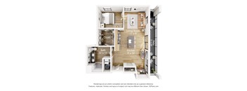 A 3D floor plan of a small apartment with a bedroom, living room, kitchen, bathroom, and closet.