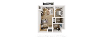 A 3D floor plan of a small apartment with a living room, bedroom, kitchen, bathroom, and patio.