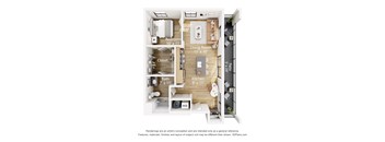 A 3D floor plan of a small apartment with a living room, kitchen, bath, and bedroom.