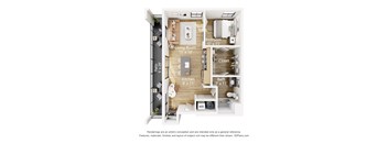 A 3D floor plan of a small apartment with a living room, bedroom, kitchen, bathroom, and closet.
