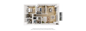 A floor plan of a small apartment with a bedroom, bathroom, kitchen, living room, and closet.