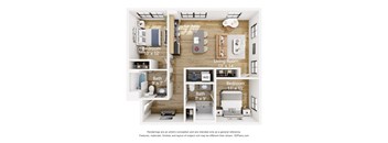 A 3D floor plan of a small apartment with a living room, kitchen, and two bedrooms.