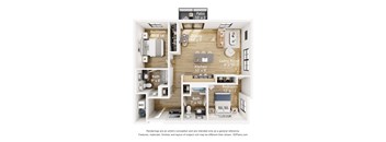 A 3D floor plan of a small apartment with a living room, kitchen, two bedrooms, and bathrooms.