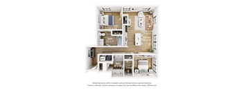 A 3D floor plan of a small apartment with a living area, kitchen, two bedrooms, and bathrooms.