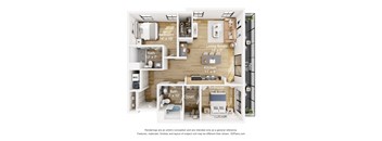 A floor plan of a small apartment with a living room, kitchen, and three bedrooms.