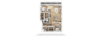A floor plan of a small apartment with a living area, kitchen, and two bathrooms.