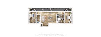 A floor plan of a living space with a living room, bedroom, and kitchen.