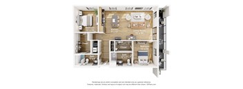 A 3D floor plan of a house showing the layout of the bedrooms, bathrooms, kitchen, and living room.