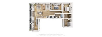 A 3D floor plan of a small apartment with a kitchen, living room, dining area, and bathroom.