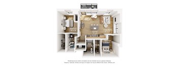 A 3D floor plan of a small apartment with a living room, kitchen, bathroom, and bedroom.