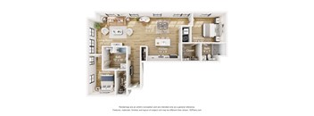 A floor plan of a small apartment with a living room, kitchen, two bedrooms, and bathrooms.