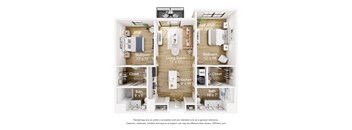 A 3D floor plan of a small apartment with a living room, kitchen, and two bedrooms.