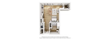 A 3D floor plan of a small apartment with a living area, bathroom, and closet.