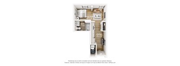 A diagram of a small apartment with a living area, kitchen, and bathroom.