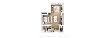 A 3D floor plan of a small apartment with a living room, kitchen, bedroom, and bathroom.
