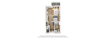 A 3D floor plan of a small apartment with a living area, kitchen, bathroom, and patio.